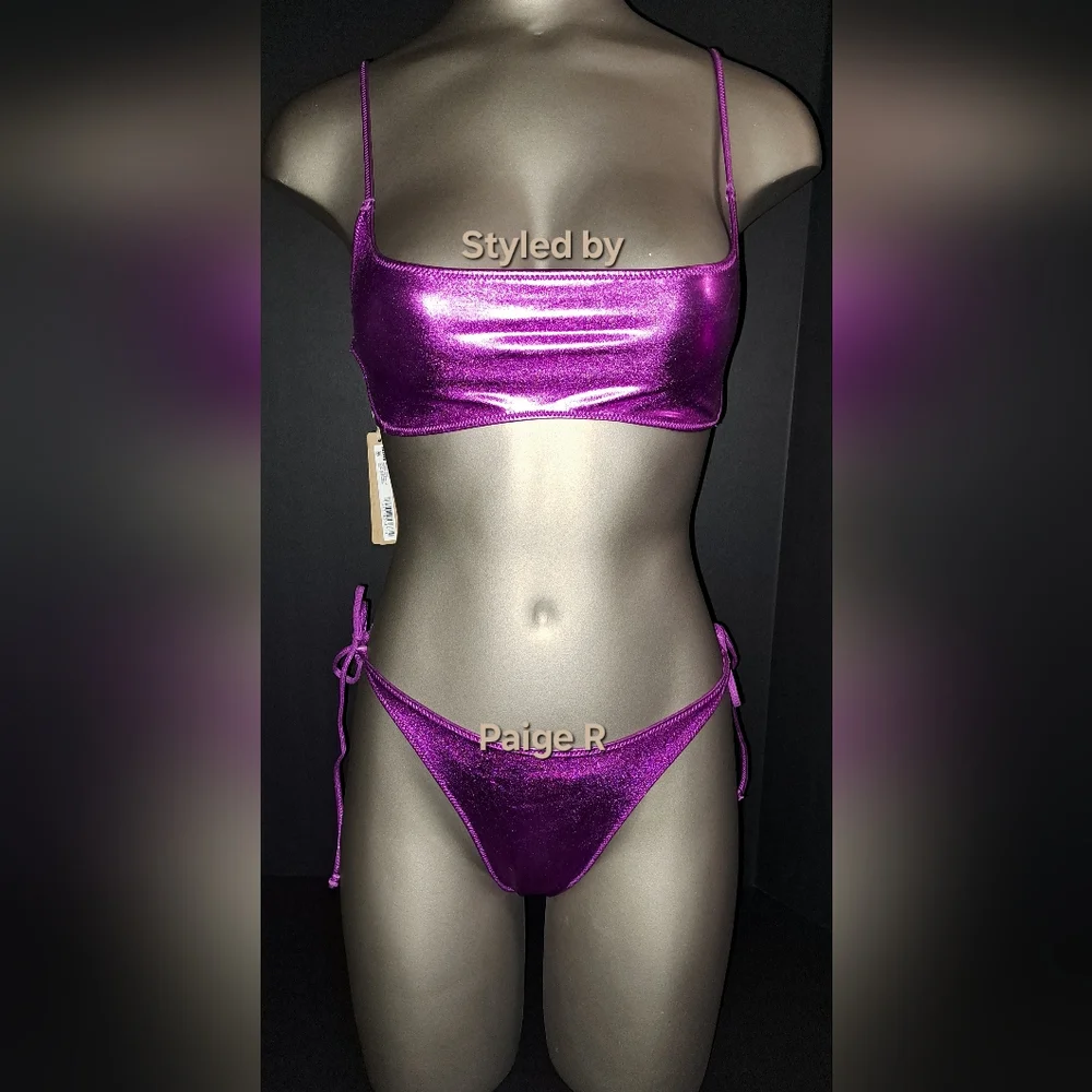 NWT SKIMS 3 Pc SET Metallic Swim Tie Bottoms Bikini Top Shorts DRAGONFRUIT L XL